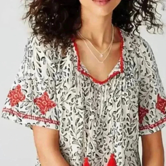 J. Jill Boho Pintucked Sketched Fern Peasant Top - Picture 1 of 7